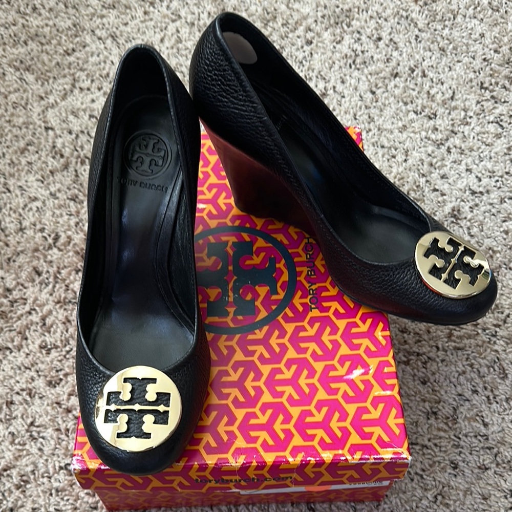 Tory Burch Black Wedges with Gold Logo
